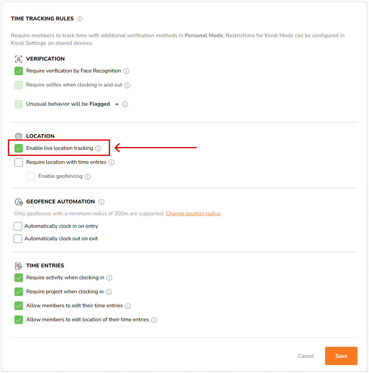 Enable live location tracking setting under time tracking rules