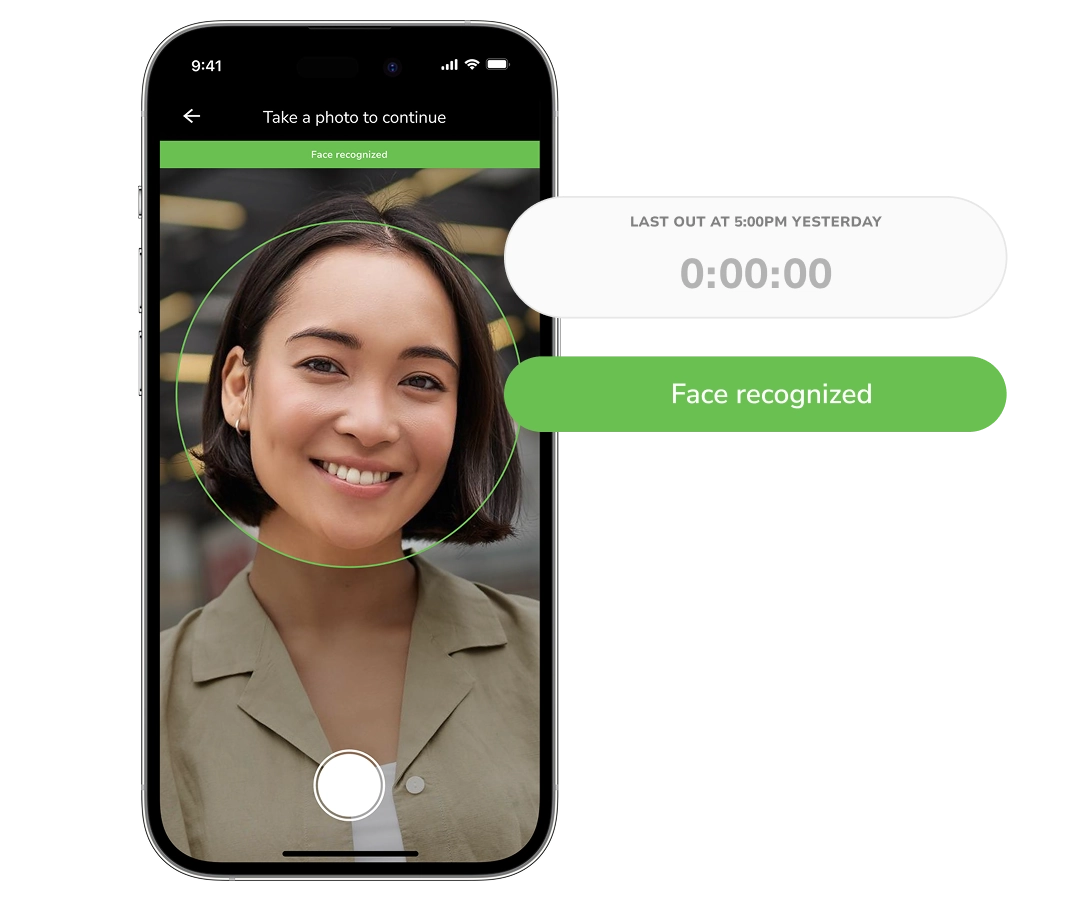 Jibble face recognition clock-in on a phone with the verified attendance record in the web dashboard