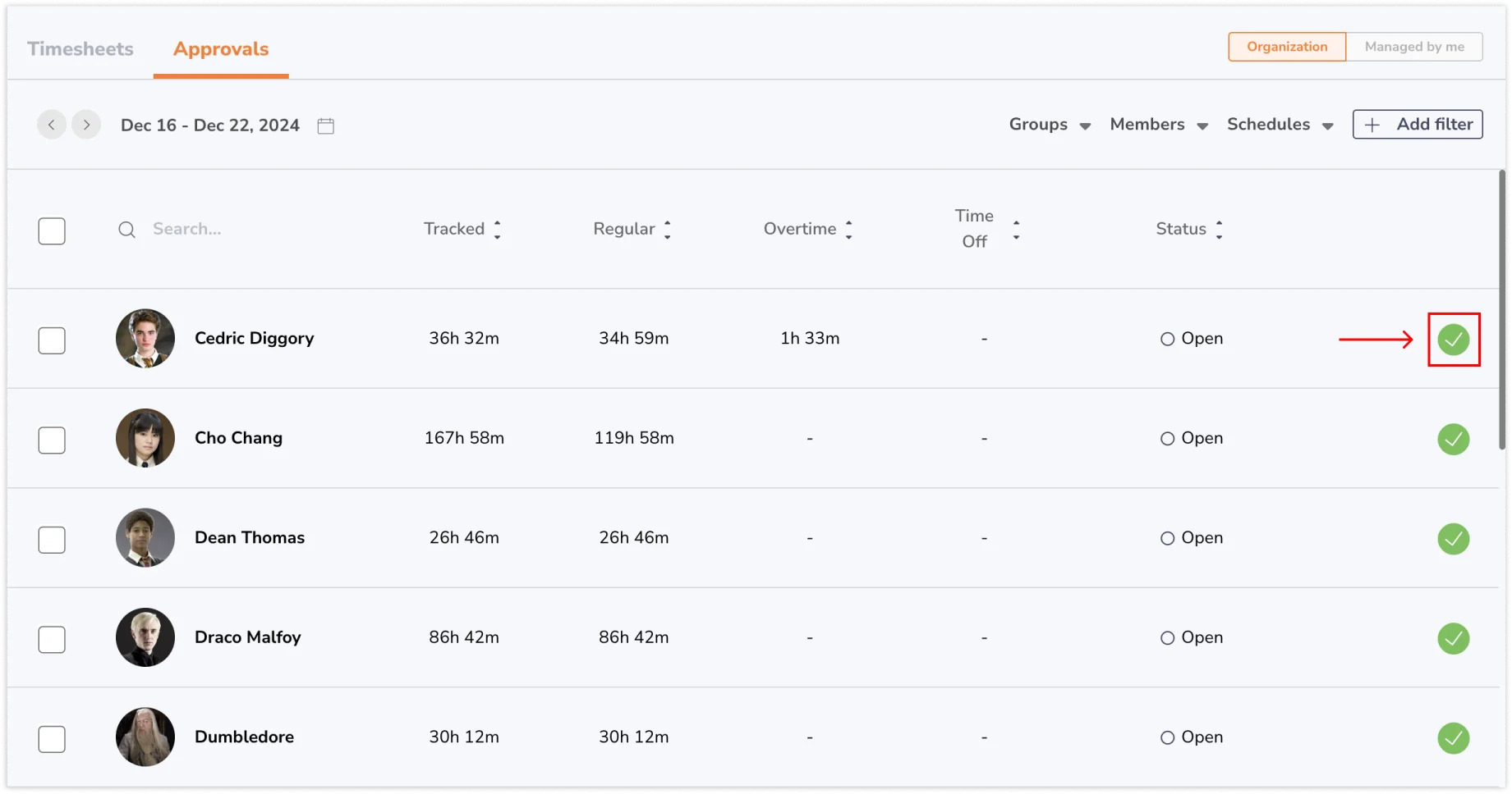 Approving timesheets on approvals overview