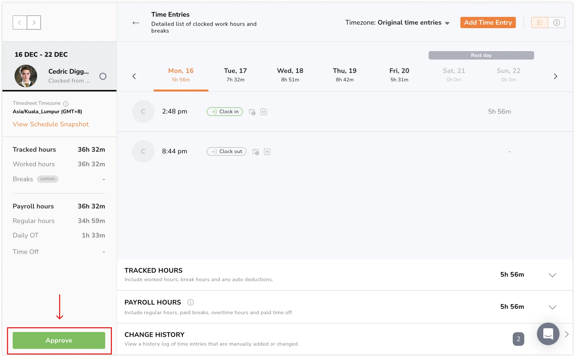 Approving timesheets on detailed approvals