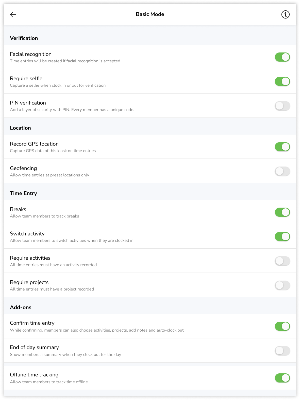 Settings for basic mode kiosk