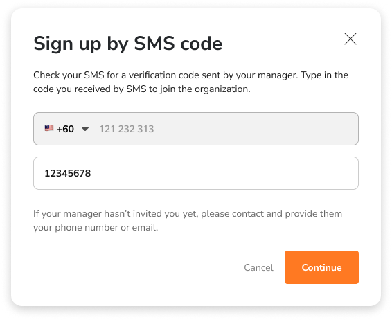 Entering phone number and SMS code on web