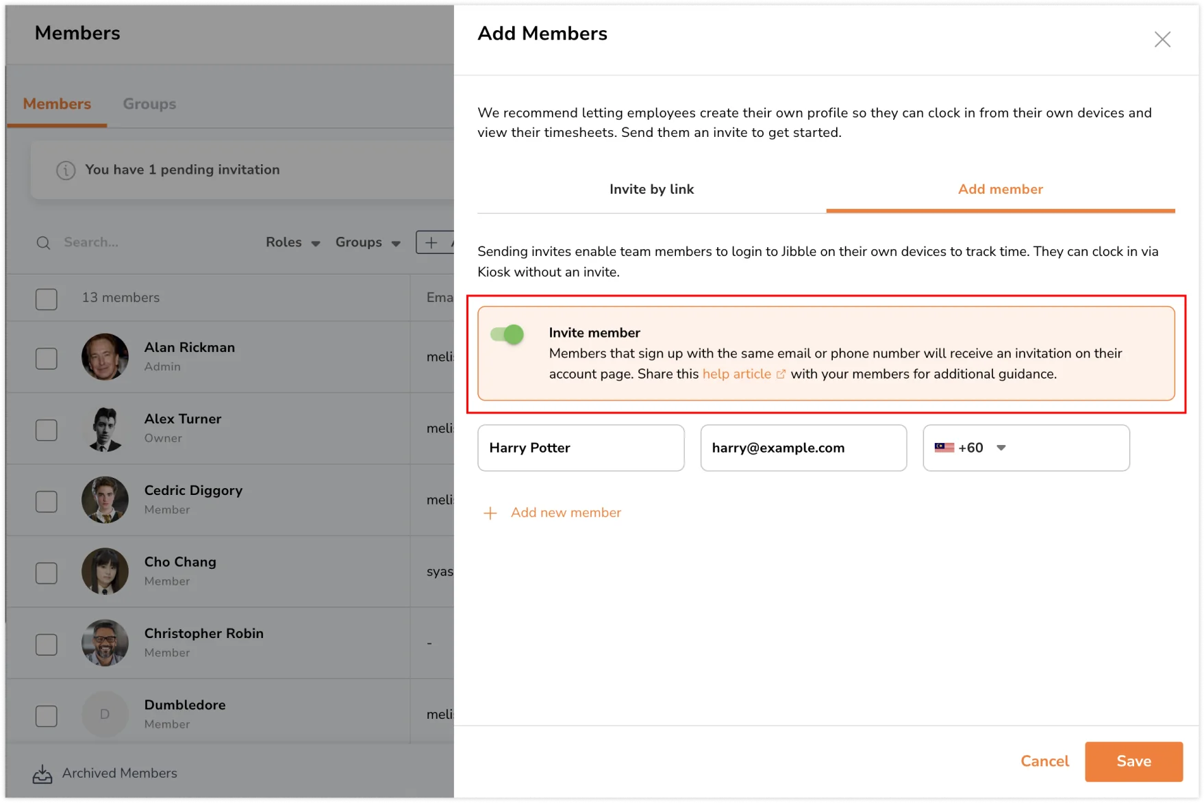 Enabling toggle to invite member