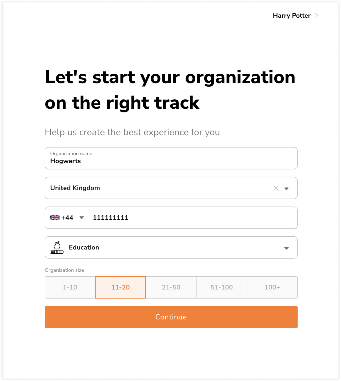 Entering organization details on web