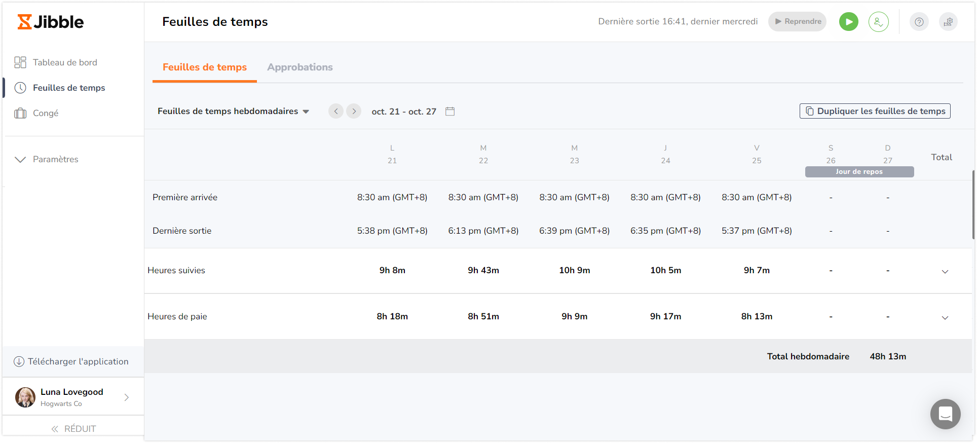 Weekly view for personal timesheets