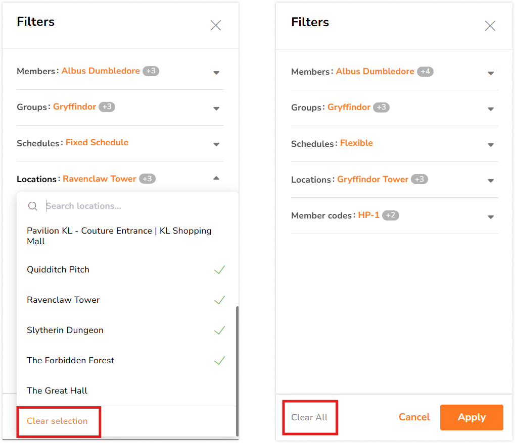 Botões de limpar filtros na barra lateral de localização em tempo real no aplicativo web