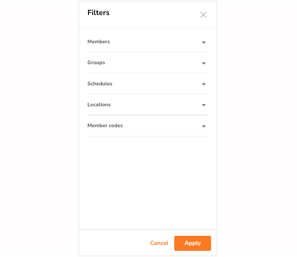 Barra lateral de filtros para a localização em tempo real no aplicativo web