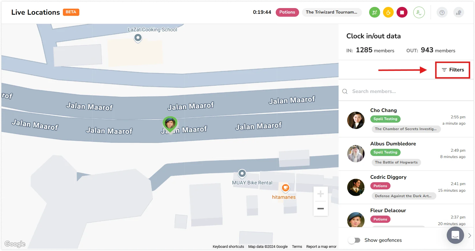 Filters on live location on web app