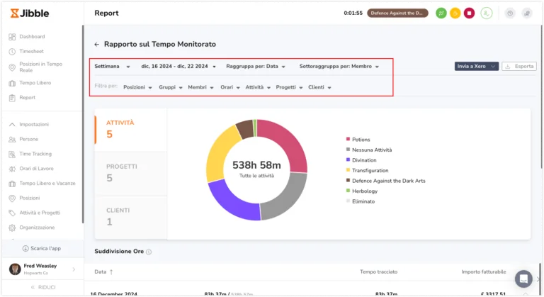 Tracked time report filters