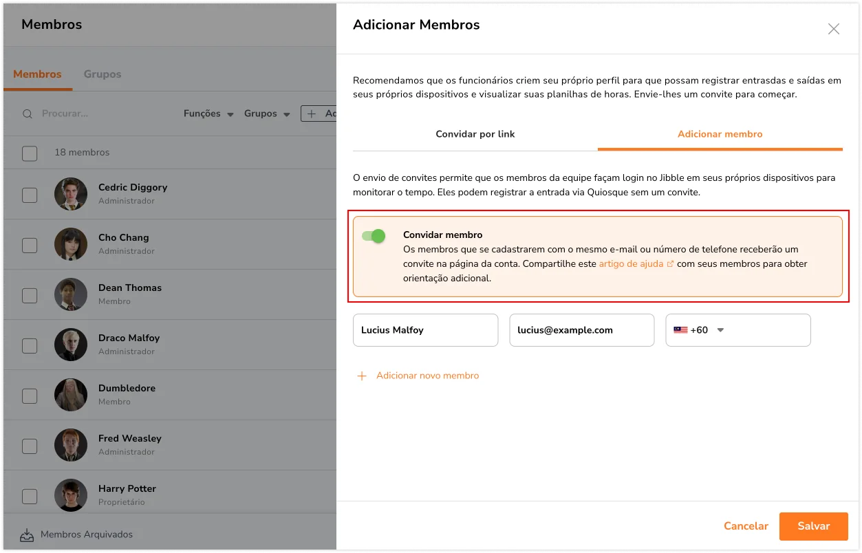 Ativando a opção para convidar membros