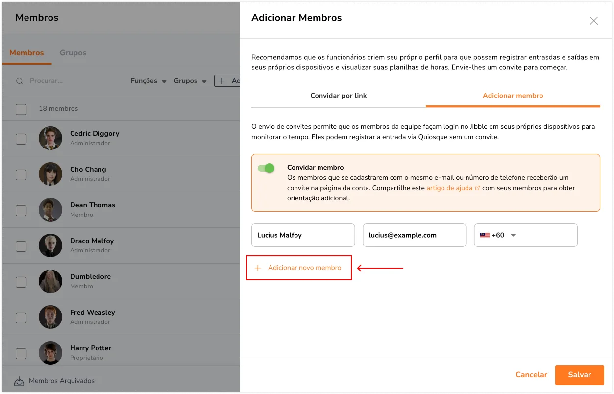 Adicionando mais membros para enviar convites