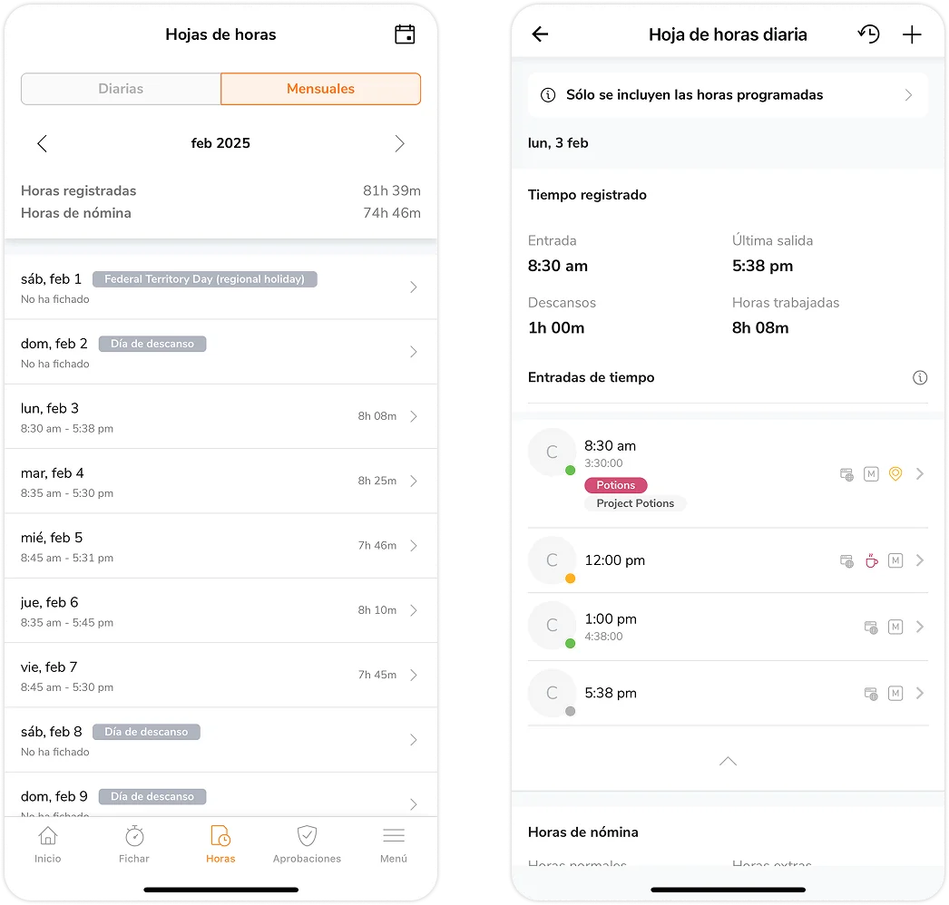 Personal monthly detailed timesheet view