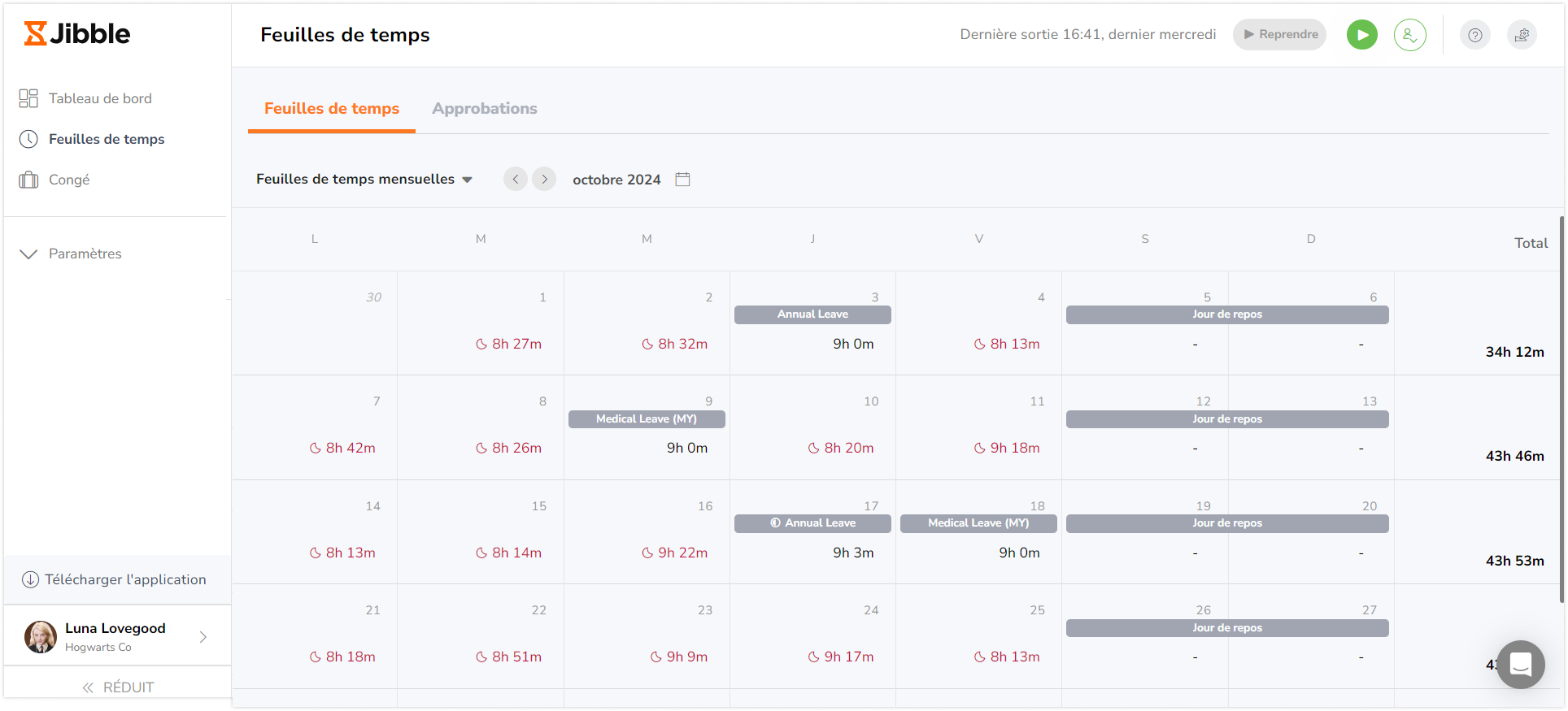 Monthly view for personal timesheets