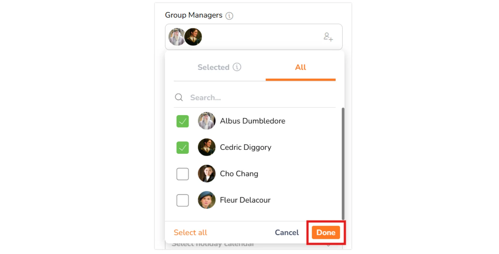 Selecting group managers and clicking Done