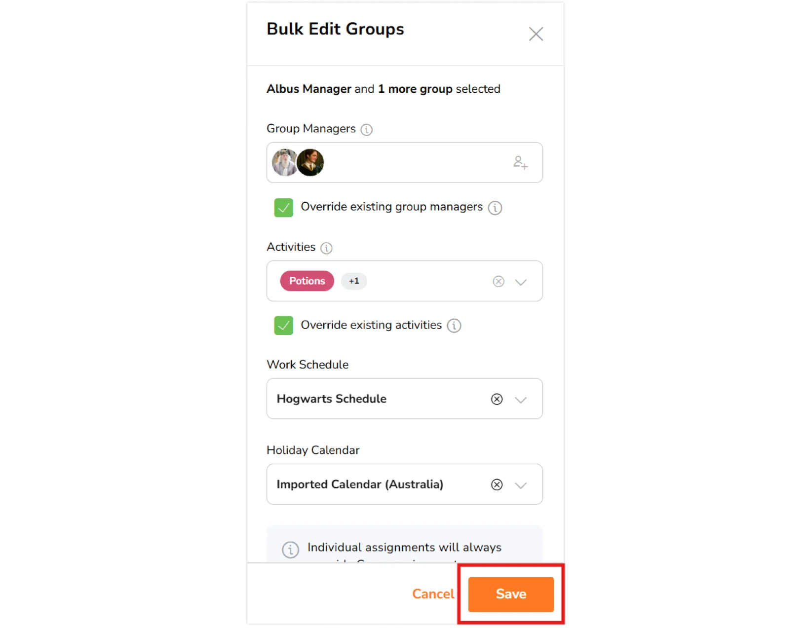 Save button in bulk edit groups sidebar