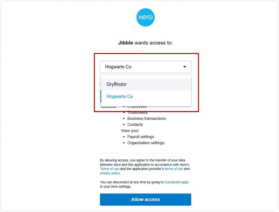 Selecting Xero organization to sync with Jibble