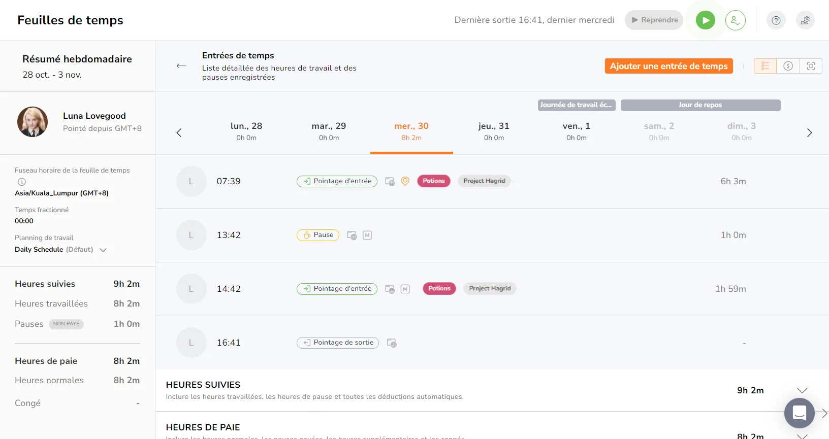 Detailed daily timesheet