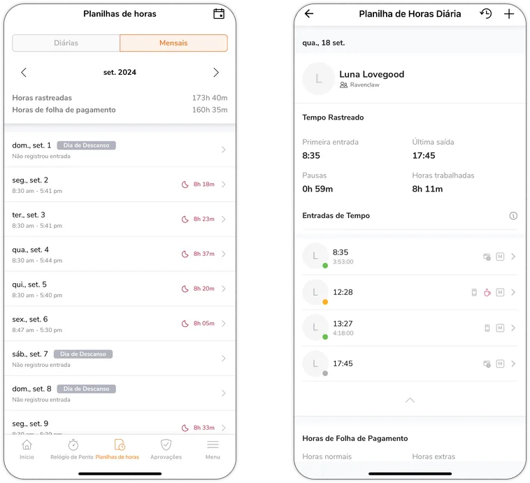 Detailed timesheets view in mobile app