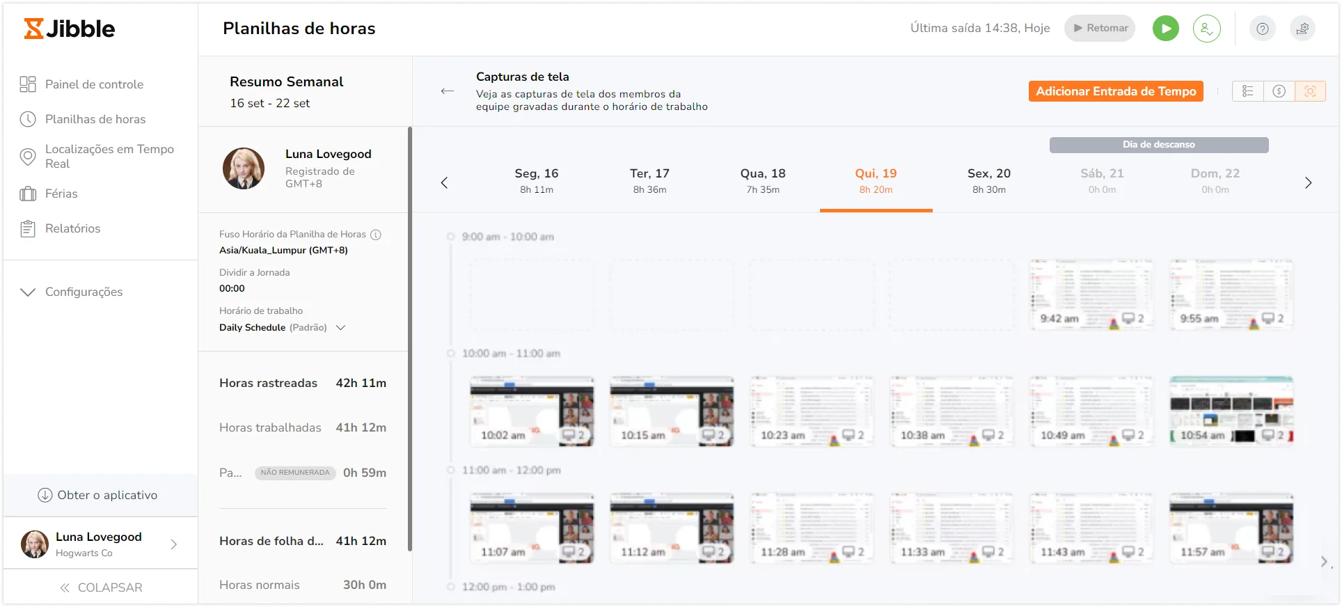 Screenshots under timesheets