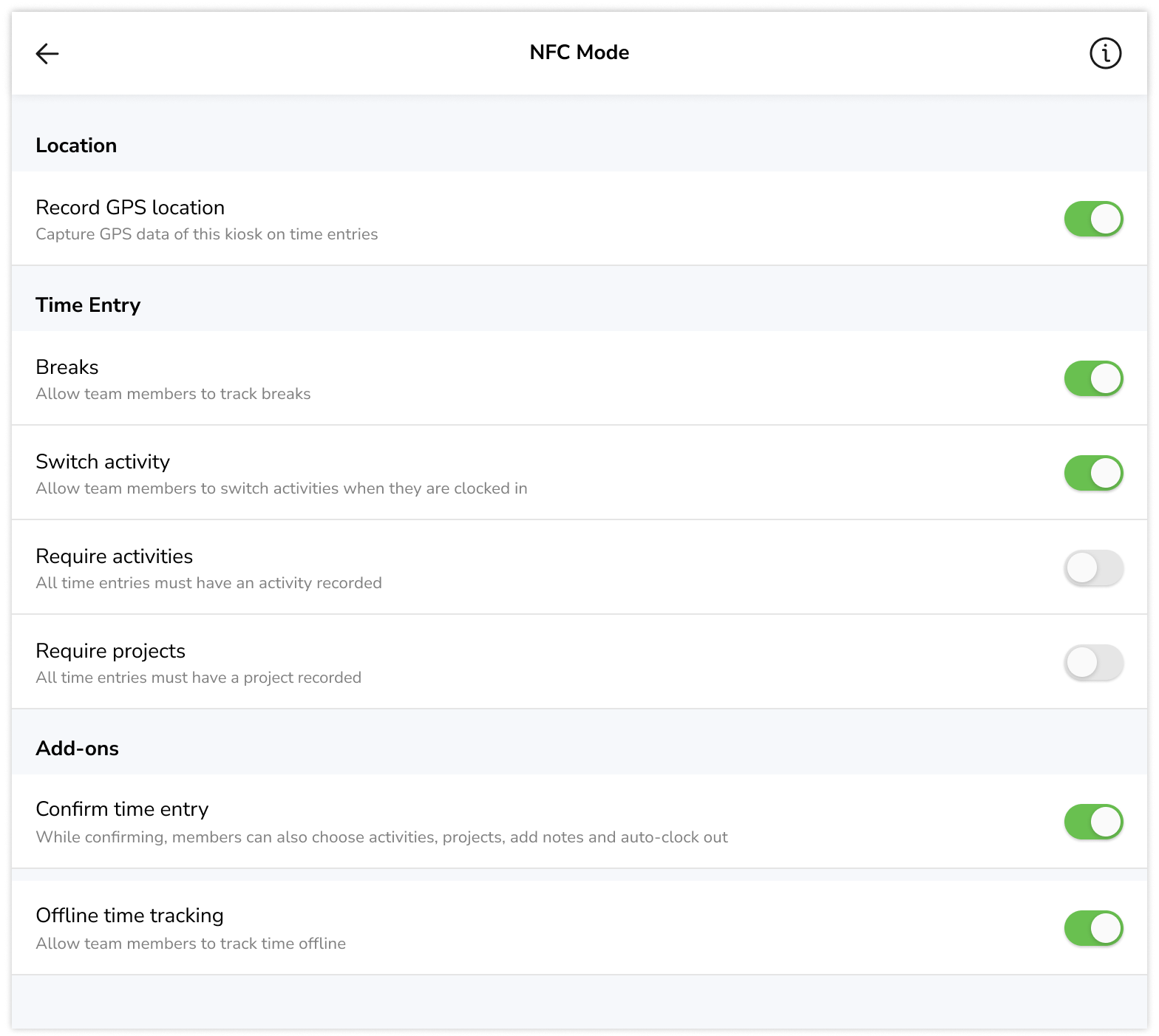 Settings for NFC kiosk mode