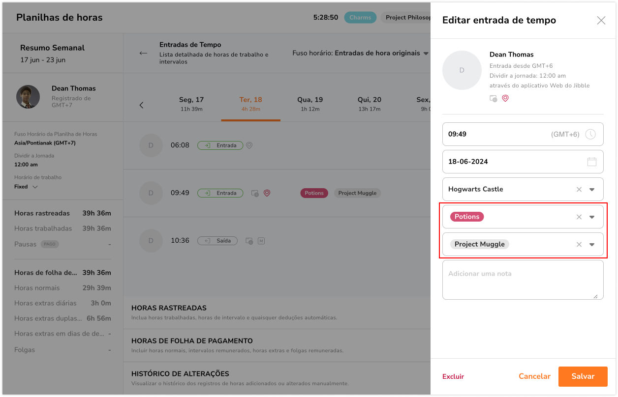 Time entry change project & activity