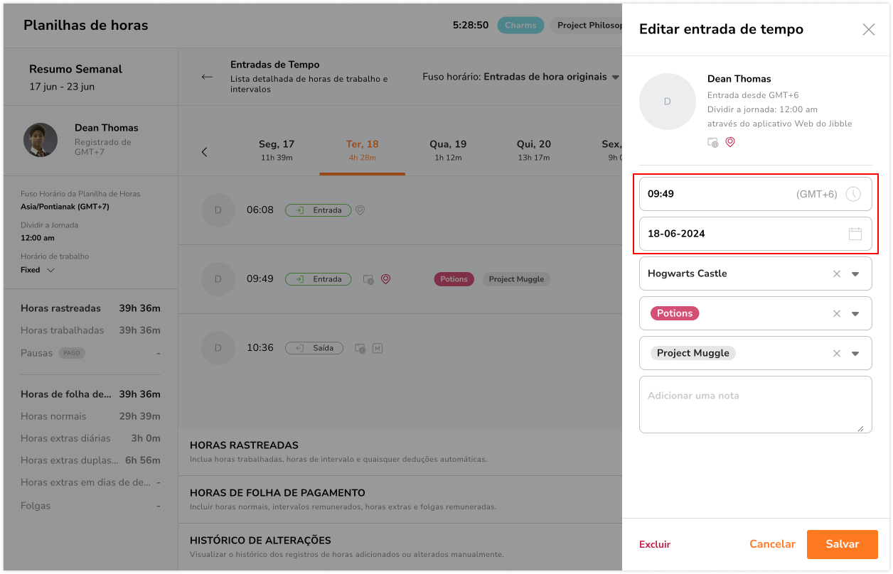 Time entry change time & date