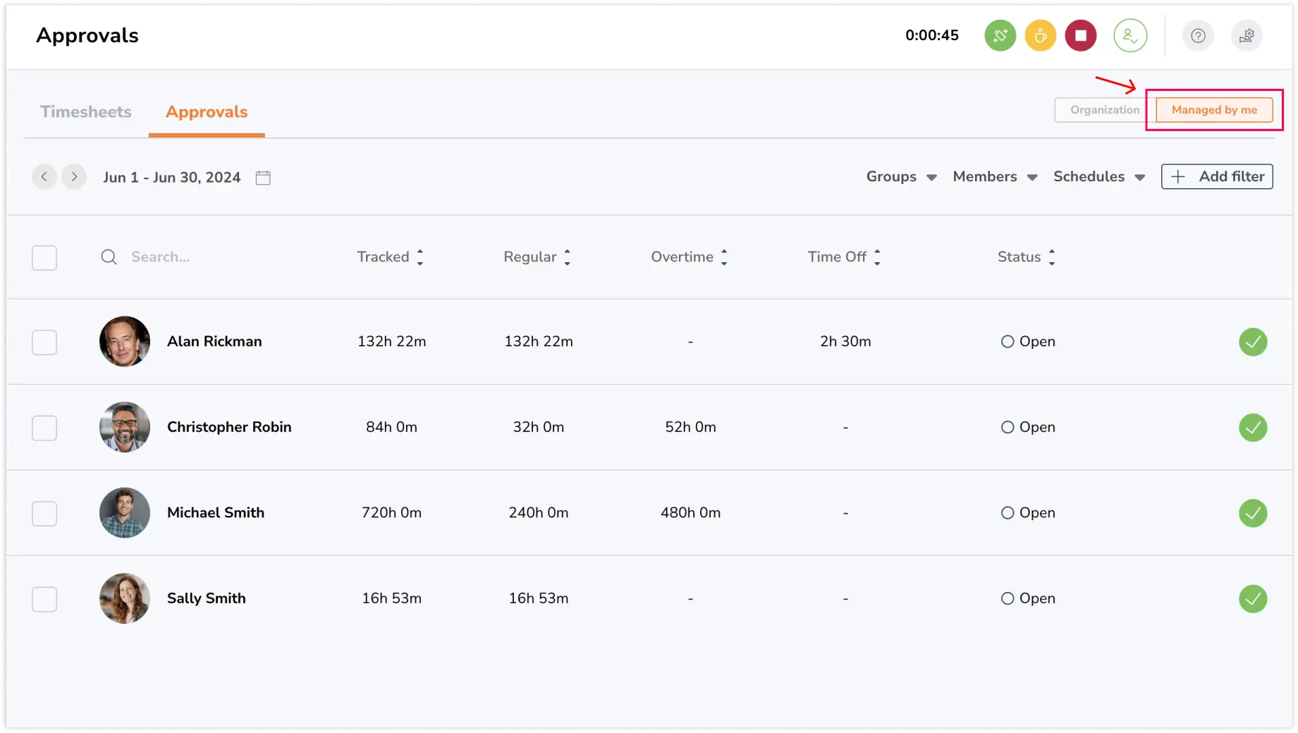 Viewing timesheet approvals for managed members