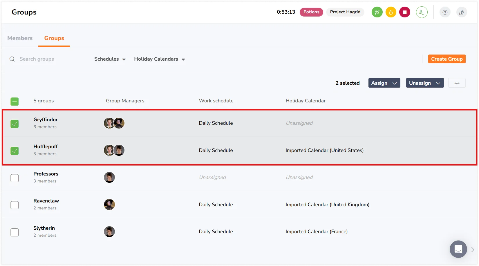 Selecting multiple groups under the Groups tab