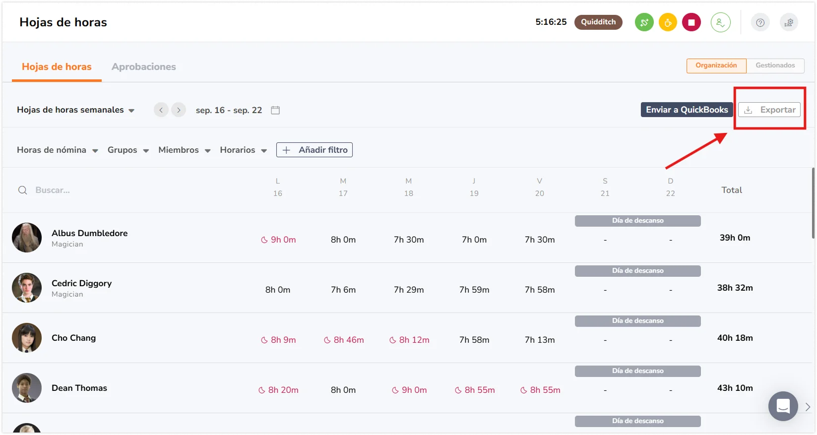 Export button on timesheets page