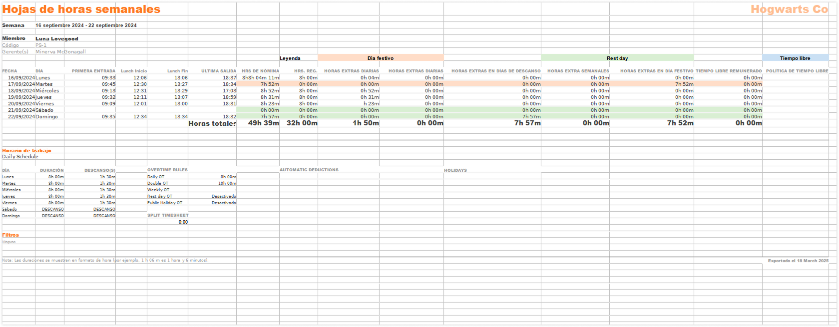 Timesheets per member in individual tab (summary)