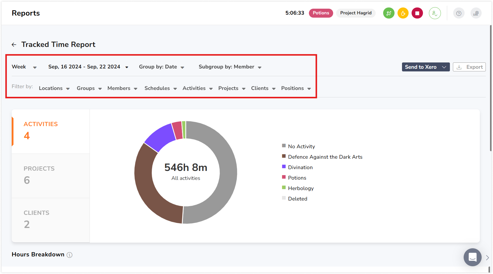 Filters under tracked time report