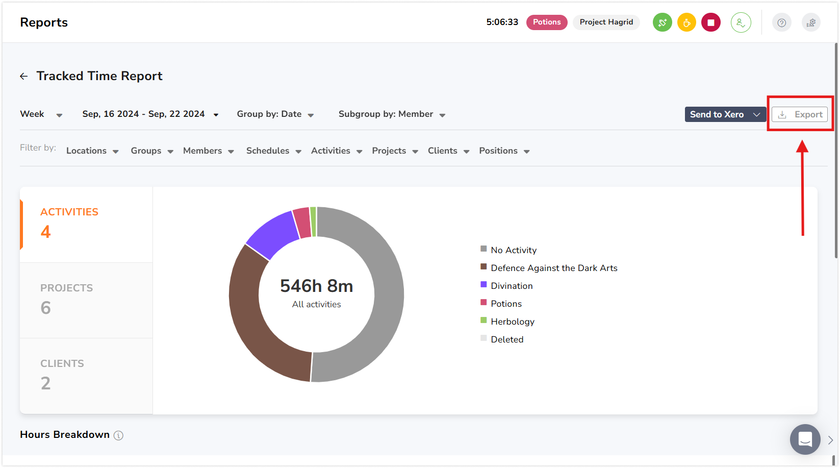 Export button on tracked time reports page