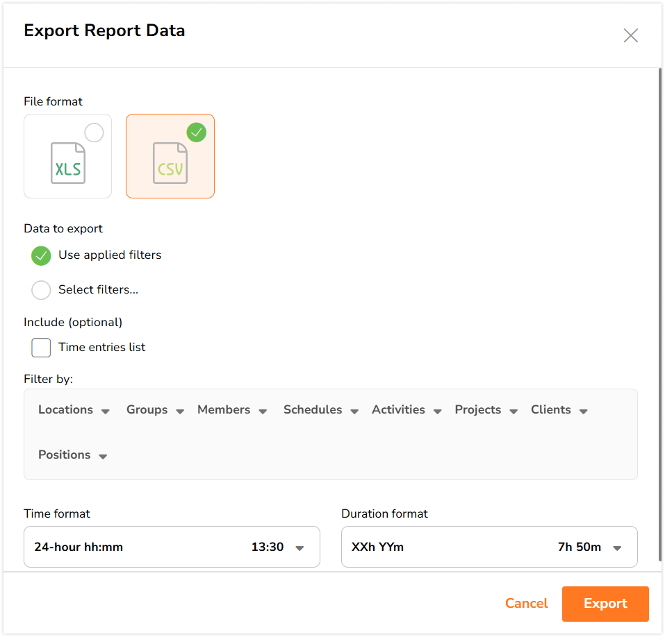 Export sidebar for tracked time report