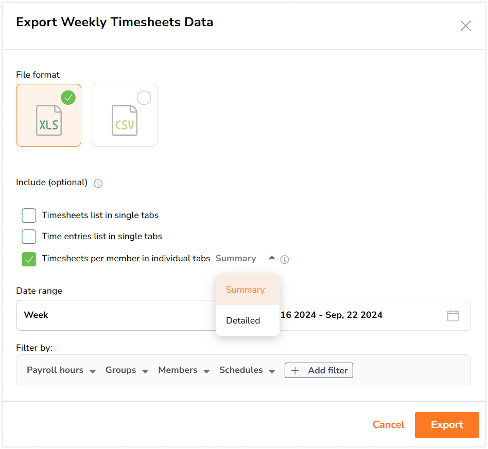 Sidebar to export timesheet