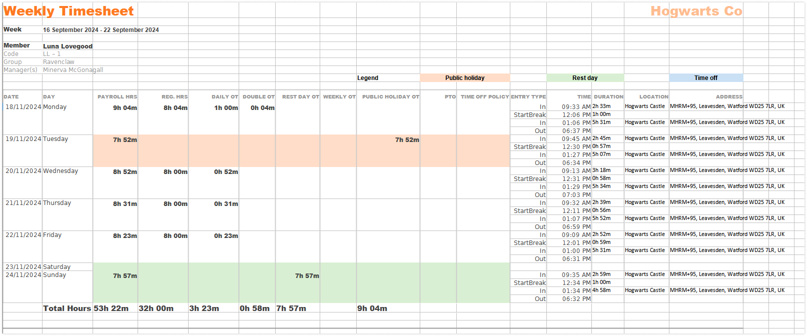 Detailed timesheet export