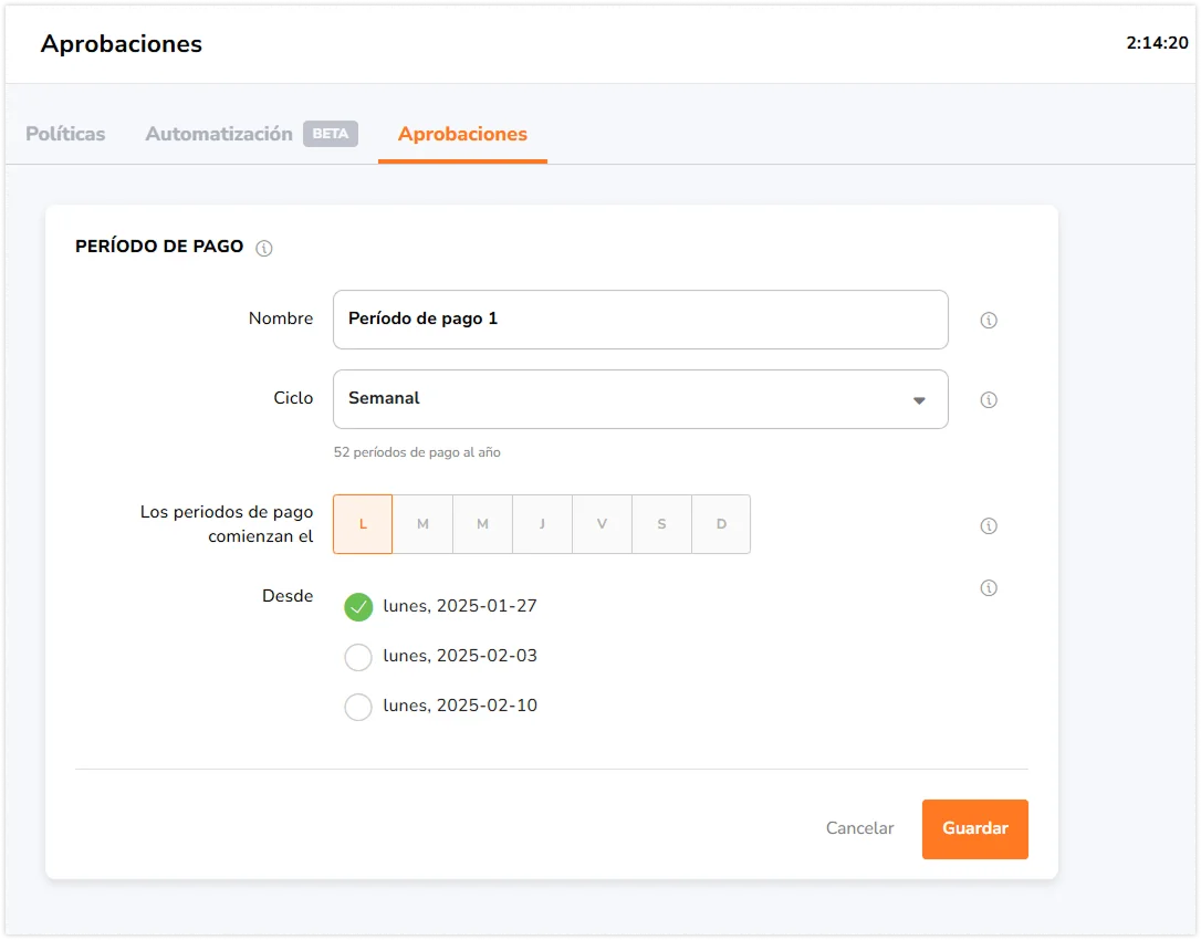 Setting up pay period under approvals tab in time tracking settings