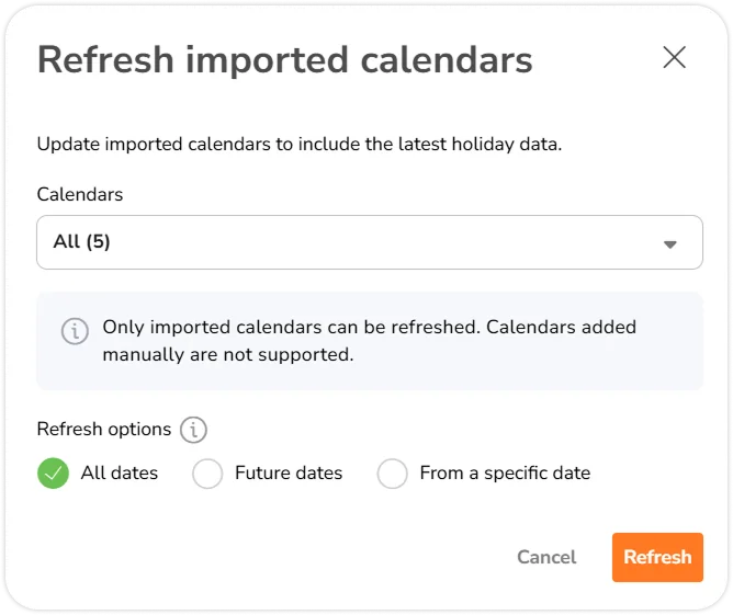 Janela para selecionar calendários e datas a atualizar