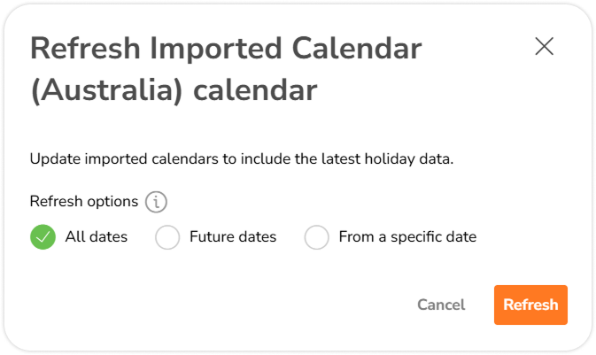 Janela para selecionar calendários e datas a atualizar