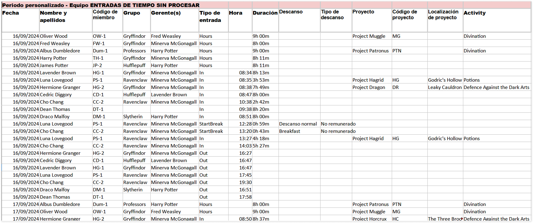 Time entries list (Raw time entries) for tracked time report