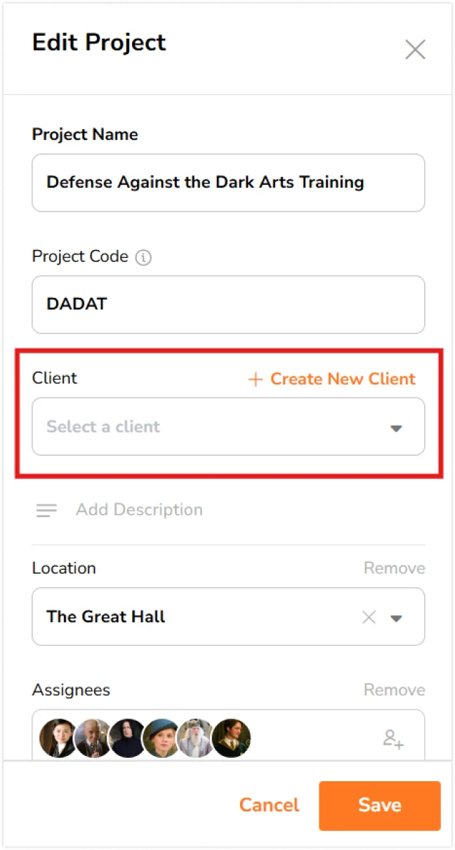 Create new client button on project sidebar