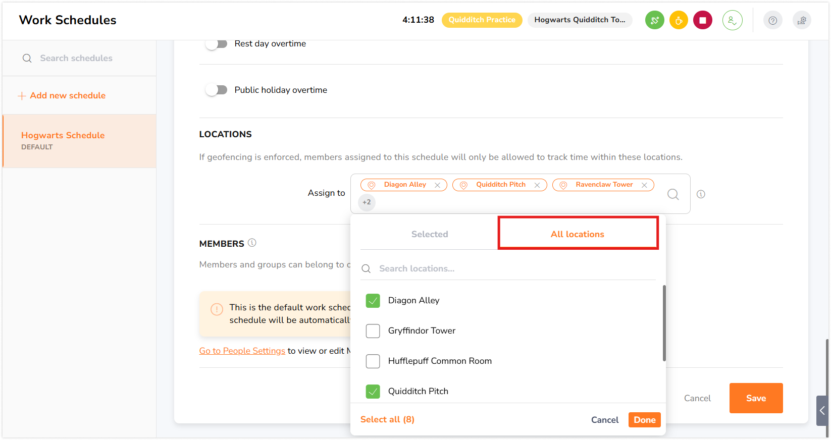 All locations tab under location assignment