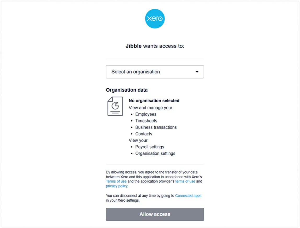 Authorizing Xero access to Jibble