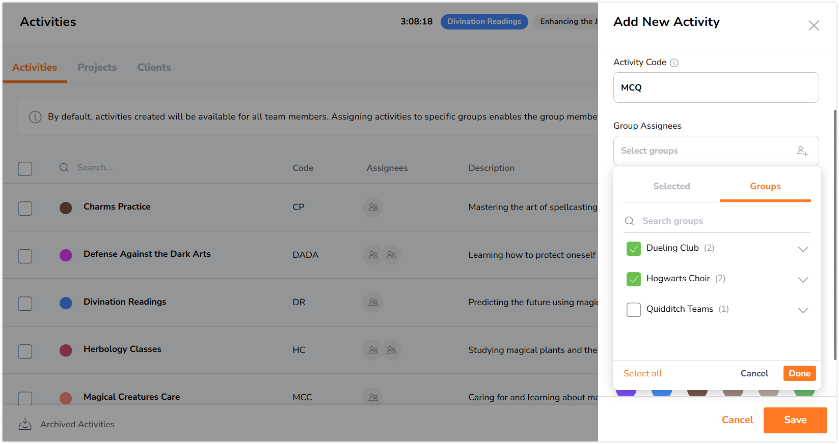 Group assignees field under add new activity sidebar