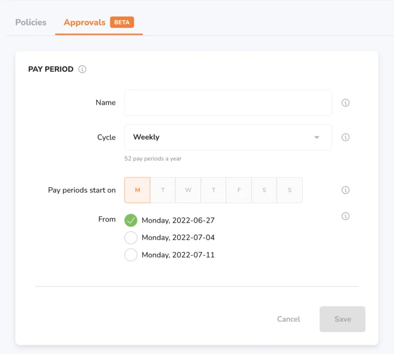 Choose a pay period cycle (Monthly, Twice a month, Every two weeks or Weekly) together with the respective start day and date.