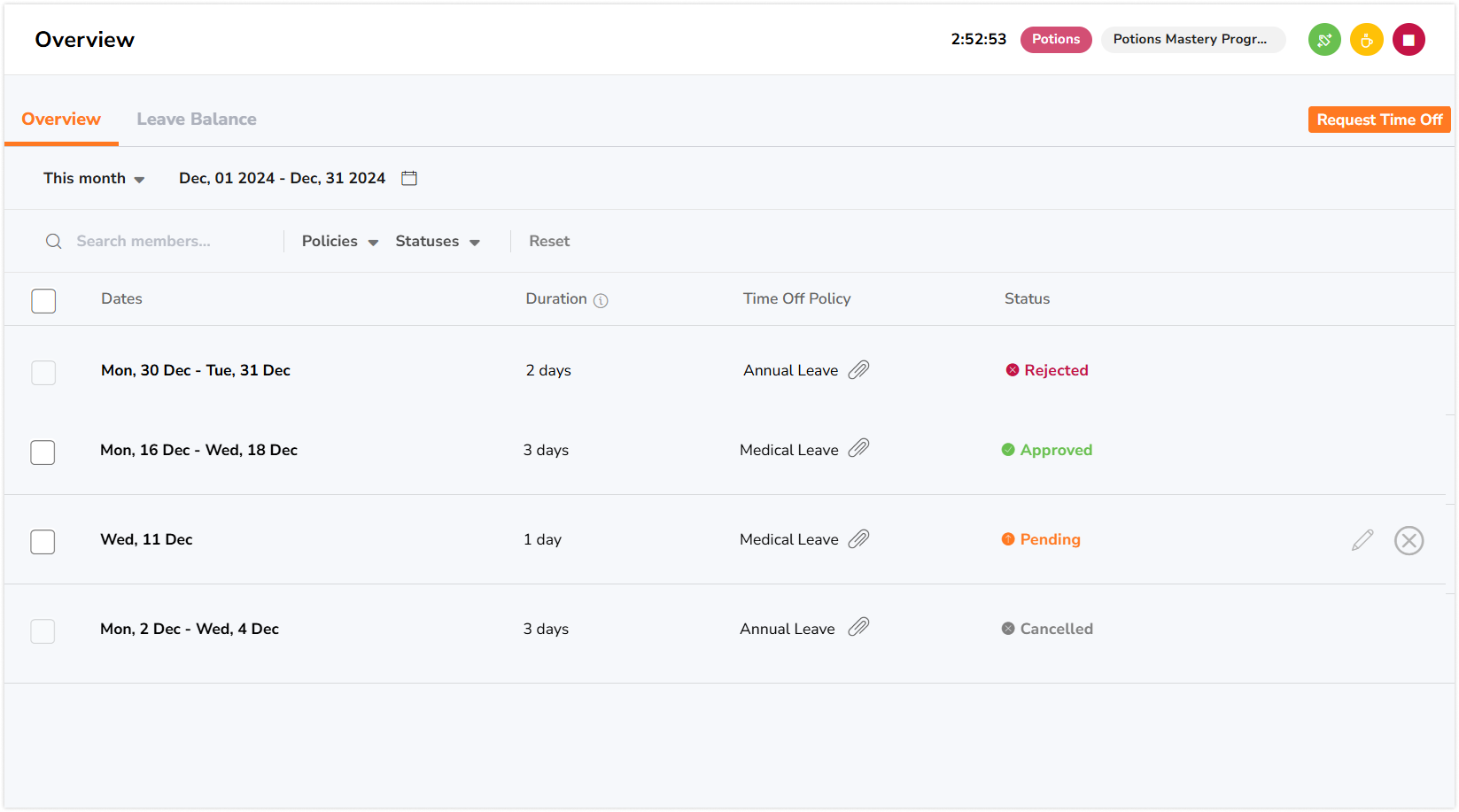 Statuses of time off on time off overview page