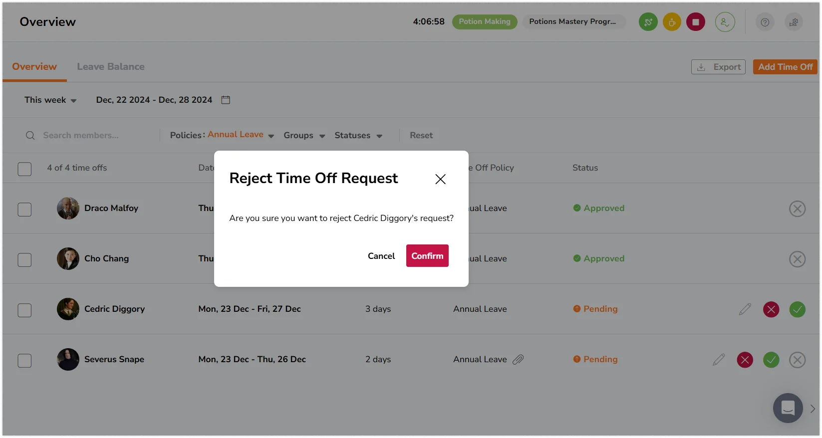 Pop-up message to reject time off