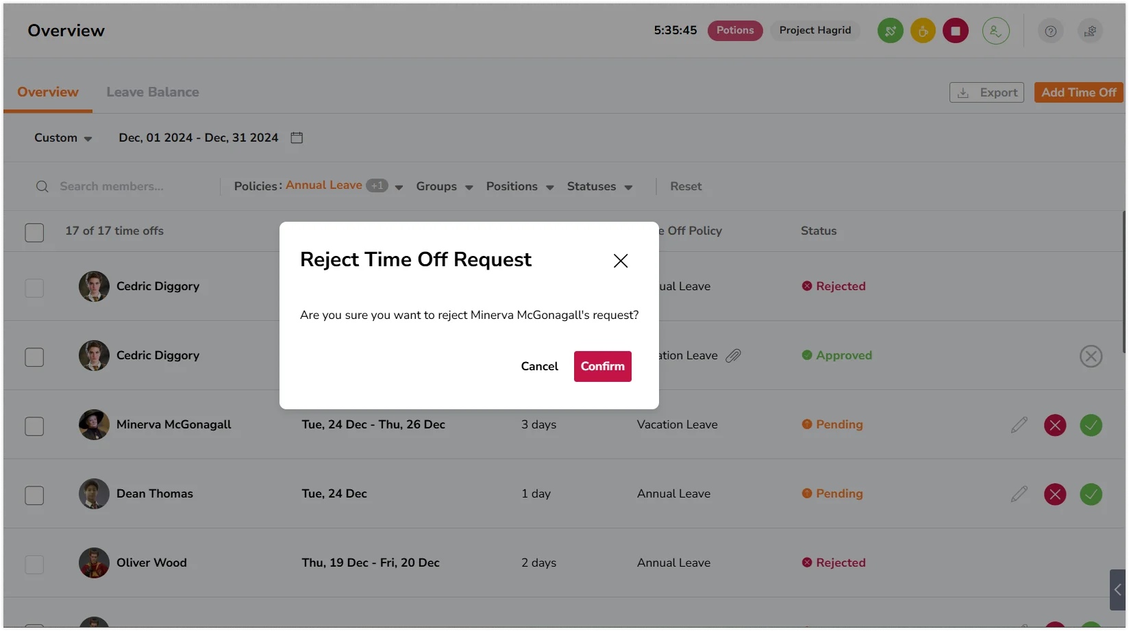 Pop-up message to reject time off