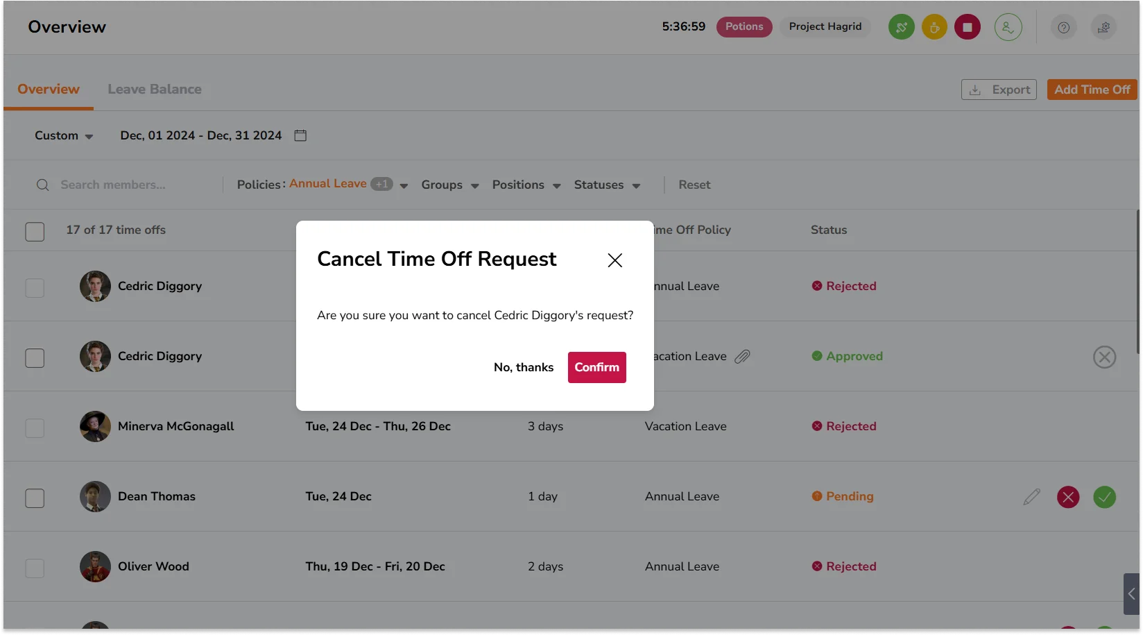 Pop-up message to cancel requested time off