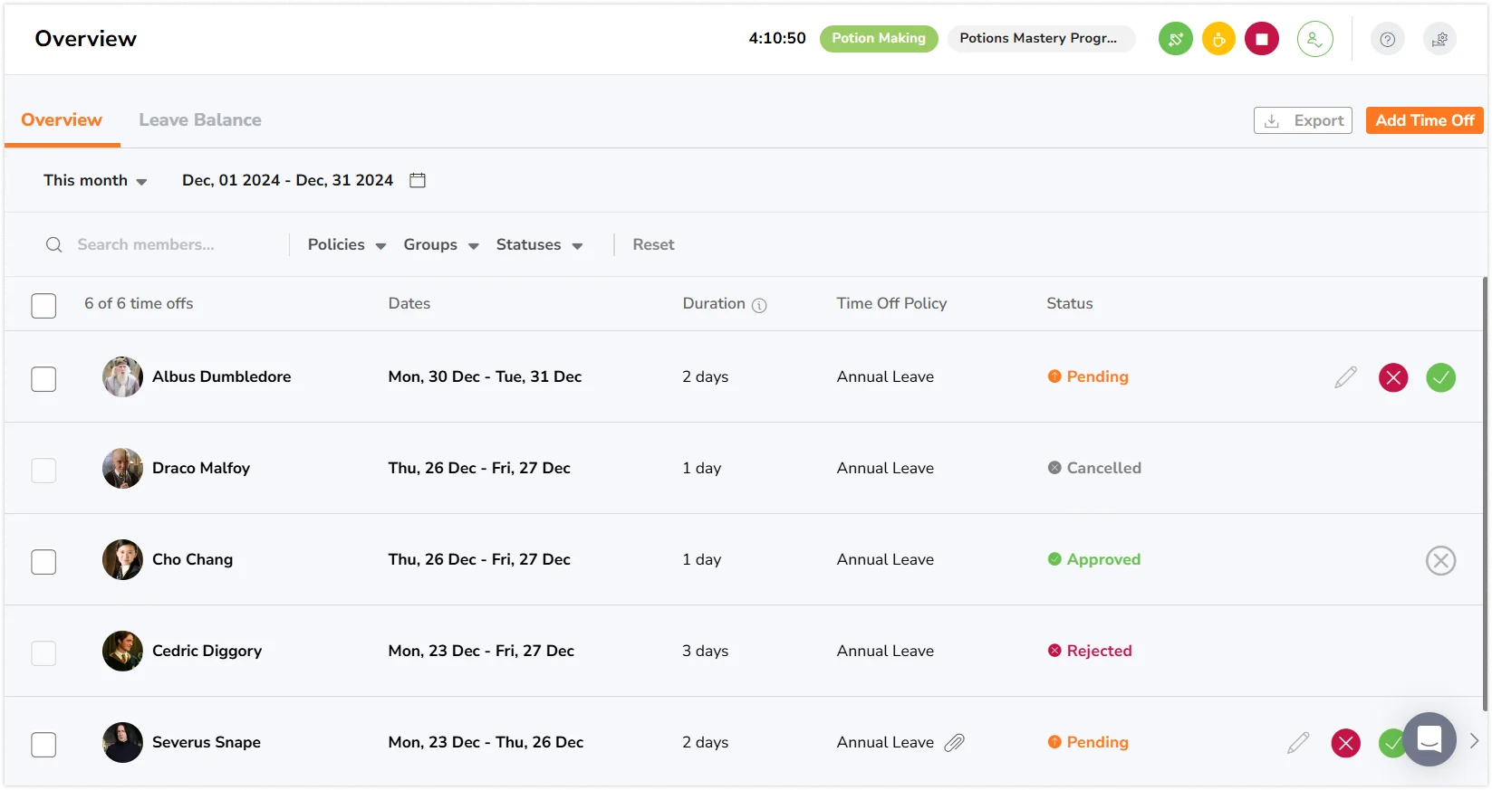 Time off overview page