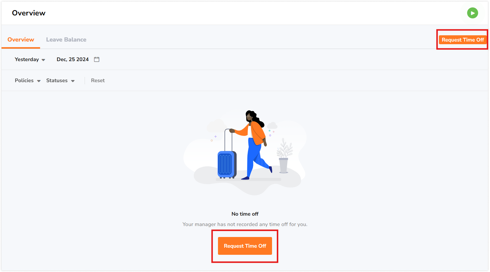 Request time off button on time off overview page
